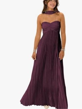 Strapless Plum Pleated Maxi Dress with Neck Scarf